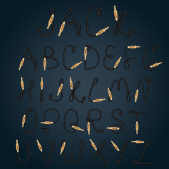 Guitar jack alphabet. Music equipment font. Vector illustration