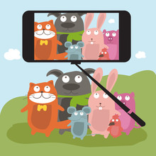 Monopod Selfie With Cartoon Animals .Vector