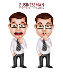 Wall Mural - Set of 3D Realistic Professional Business Man Character in Silent Gesture and Worried Isolated in White Background. Vector Illustration
