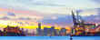 Sunset panorama of Miami Port, Fisher Island and downtown, colorful city light and Biscayne Bay water