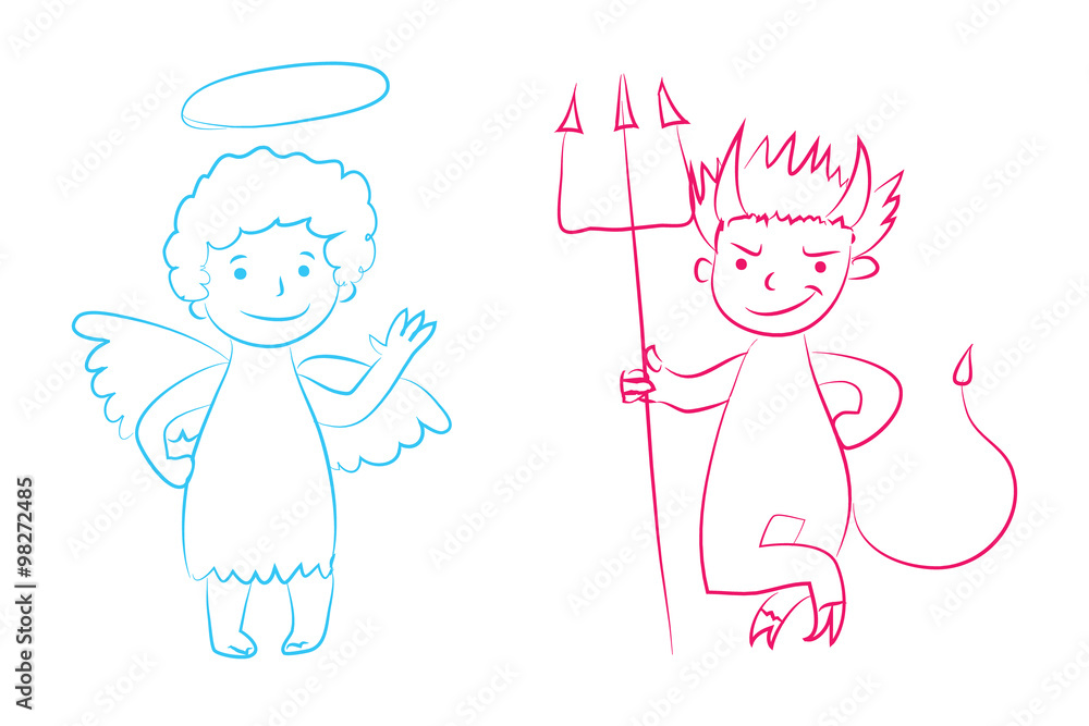 Angel and devil vector illustration - boys cartoon character. Hand ...