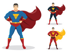 Superhero Standing With Cape Waving In The Wind. On The Right Are 2 Additional Versions. No Gradients Used.