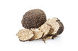 Black truffle and slices on white, clipping path