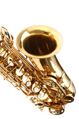 Wall Mural - Golden saxophone isolated on white background, close up