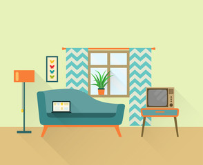 Wall Mural - flat retro living room with sofa, window and television. vector illustration