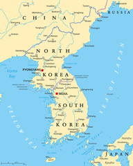 Sticker - Korean peninsula political map with North and South Korea and the capitals Pyongyang and Seoul, national borders, important cities, rivers and lakes. English labeling and scaling. Illustration.