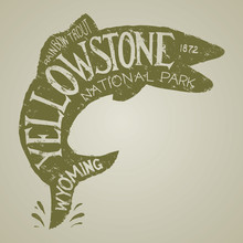 Vintage-looking Illustration Of A Label About Yellowstone Fishing Featuring A Silhouette Of A Trout.