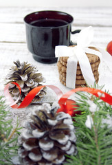 Wall Mural - Composition with decorated Christmas tree, cup with coffee