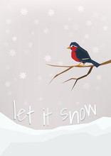 'Let It Snow' - Winter Holidays Postcard. Little Bullfinch Sitting On A Bare Brunch.