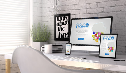 Wall Mural - cloud storage responsive website on a workplace mockup