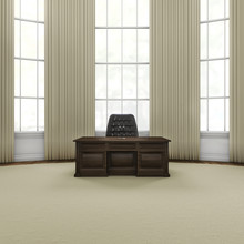 Press Conference Office / 3D Render Of Grand Wooden Desk With Microphones In Stately Office