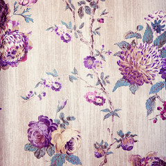 Wall Mural - Vintage shabby chic beige wallpaper with violet floral victorian