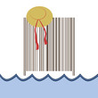 Summer composition with a bar code, which is used as a screen on which hangs a straw hat with a ribbon. At the bottom of the picture is stylized water where you can place text, for example.