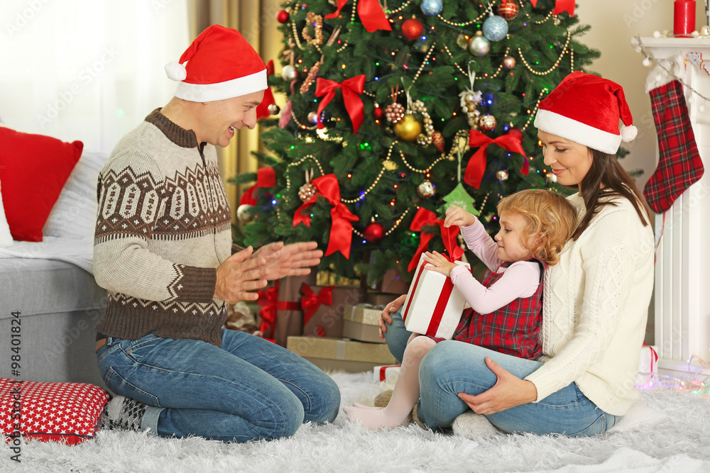 Happy Family on Christmas tree background