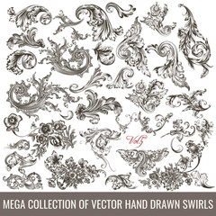  Collection of vector hand drawn flourishes in engraved style. Me