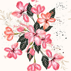 Poster - Vector seamless background with hibiscus flowers in retro style