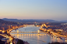 Hungary, Budapest, View To River Danube, Chain Bridge, Margaret Bridge And Parliament Building, Blue Hour