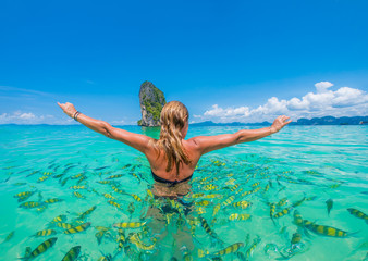 Canvas Print - Woman swimming with snorkel, Andaman Sea, Thailand