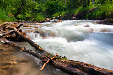 Stormy mountain river with a log in the foreground