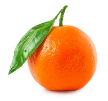 One Tangerine With Leaf On A White Background.
