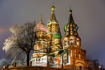 Fototapete - St. Basil's Cathedral, night, Moscow, Russia