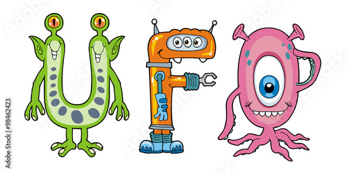 alien cartoon creatures making the word ufo