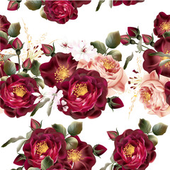 Wall Mural - Seamless wallpaper pattern with realistic vector roses in vintag