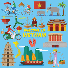 Flat design,Vietnamese landmarks and Icons such as Ho Chi Mihn Mausoleum, Heavenly Lady Pagoda, Imperial City and lifestyle of Vietnamese people