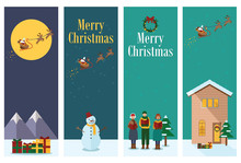 Flat Design, Illustration Of Young People Singing Christmas Carols, Snow Man And Flying Santa With Reindeer.