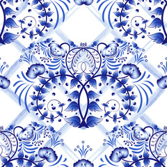 Wall Mural - Seamless blue floral pattern with lattice strips of watercolor. Imitation of painting on porcelain in the Russian style Gzhel or Chinese painting.