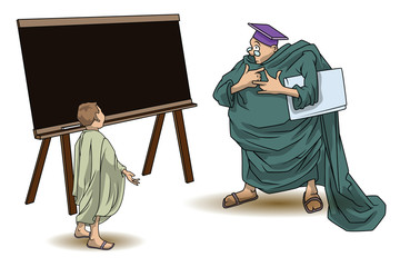 Funny stock illustration. Pupil and teachers before the school b