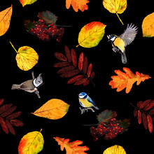 Seamless Watercolor Pattern Birds With Autumn Leaves And Berries. Beautiful Red, Orange And Yellow Colors Of Fall. Textile Print. Isolated On Black Background.