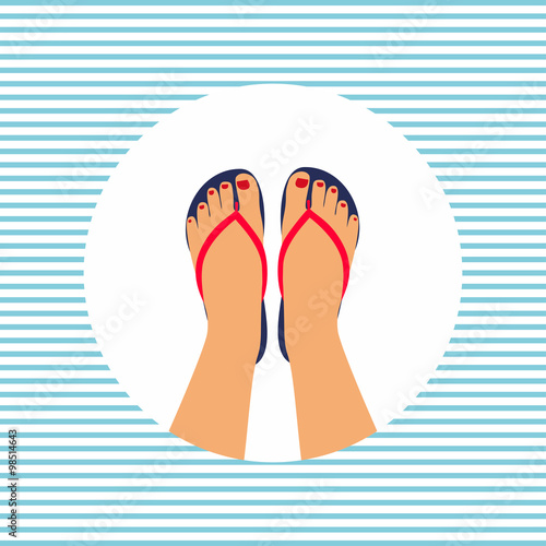 Vector illustration female feet with a pedicure in the summer flip