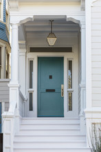Front Door, Front View Of Front Blue Door With Mail Slot, White Paint, Traditional House