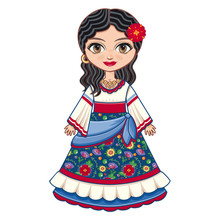 The Girl In Gypsy Dress. Historical Clothes.  Linear Pattern On A White Background.  Line Drawing Festive. Vector Drawing.