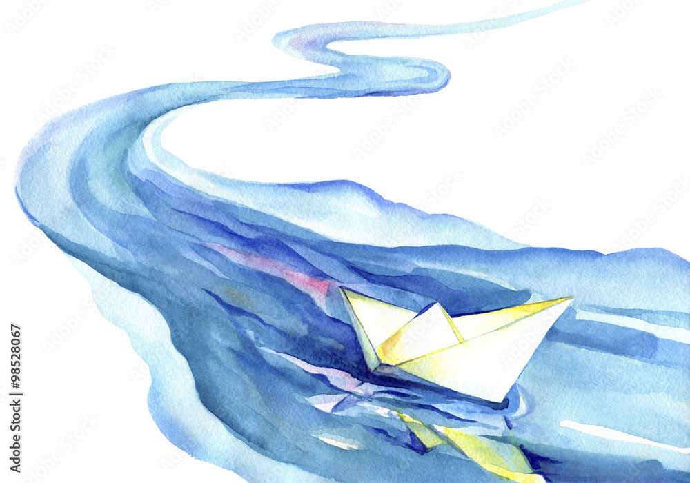 White paper boat floating in the water. Watercolor painting of the river and ship on a white background.