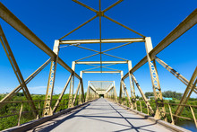 Empty Retro Large Green 2 Lanes Metal Bridge In Uruguay