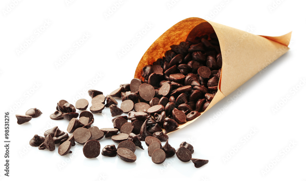 Chocolate morsels isolated on white