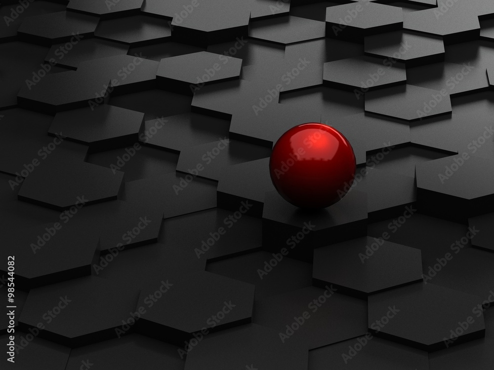 abstrakcjonistyczny-tlo-3d-szesciokaty-i-czerwona-sfera