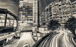 Night traffic around Darling Harbour with car light trails, Sydn
