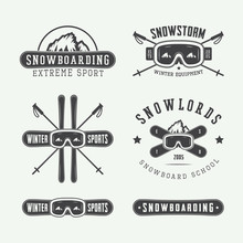 Vintage Snowboarding Or Winter Sports Logos, Badges, Emblems