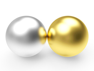 Two balls of silver and gold metal isolated on white  background