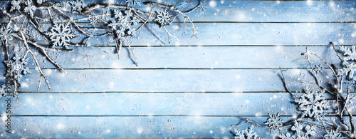 Winter Background - Snowy Branches On Plank With Snowflakes