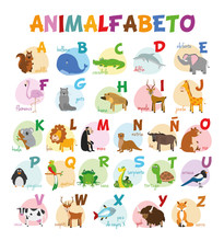 Ilustración De Vector Alfabeto Ilustrado Con Animales Para Niños. Abecedario Español. Aprender A Leer.
