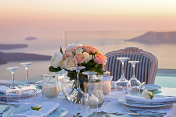 Beautiful table and sea sunset