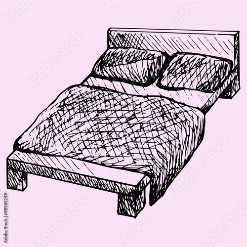 bed, pillows and blankets, doodle style, sketch illustration Buy this