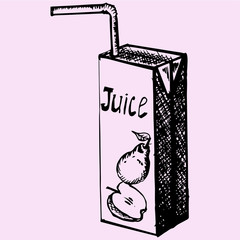 pack of juice with drinking straw, doodle style, sketch illustration