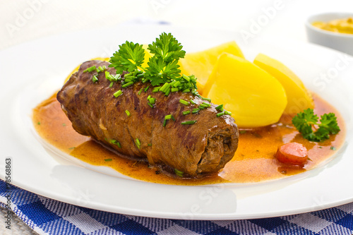 Fotografie, Obraz Roulades beef on plate with potato, sauce