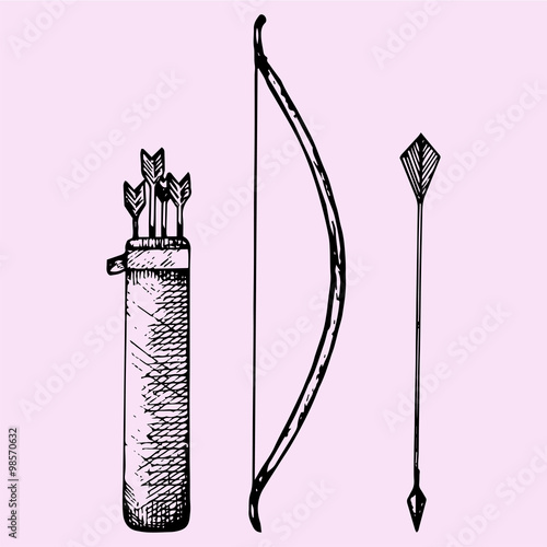 set of bow and arrow, doodle style, sketch illustration, hand drawn