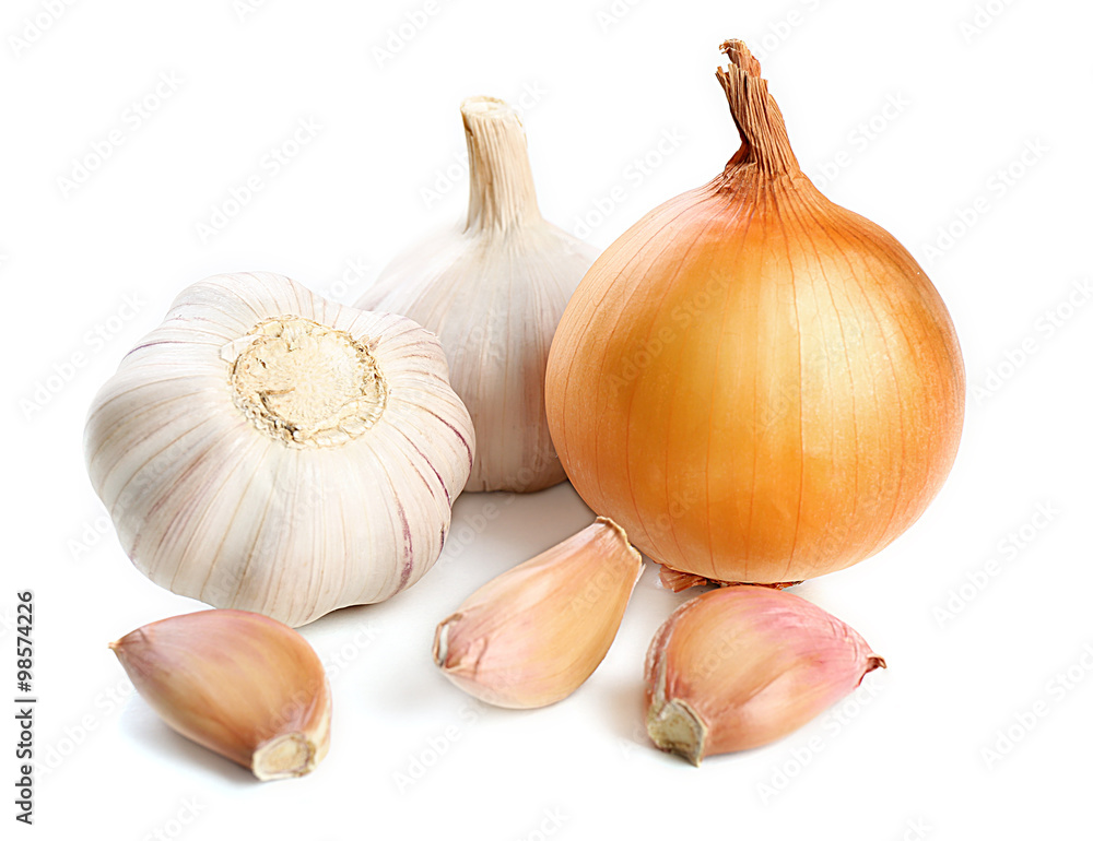 Garlic and onion isolated on white